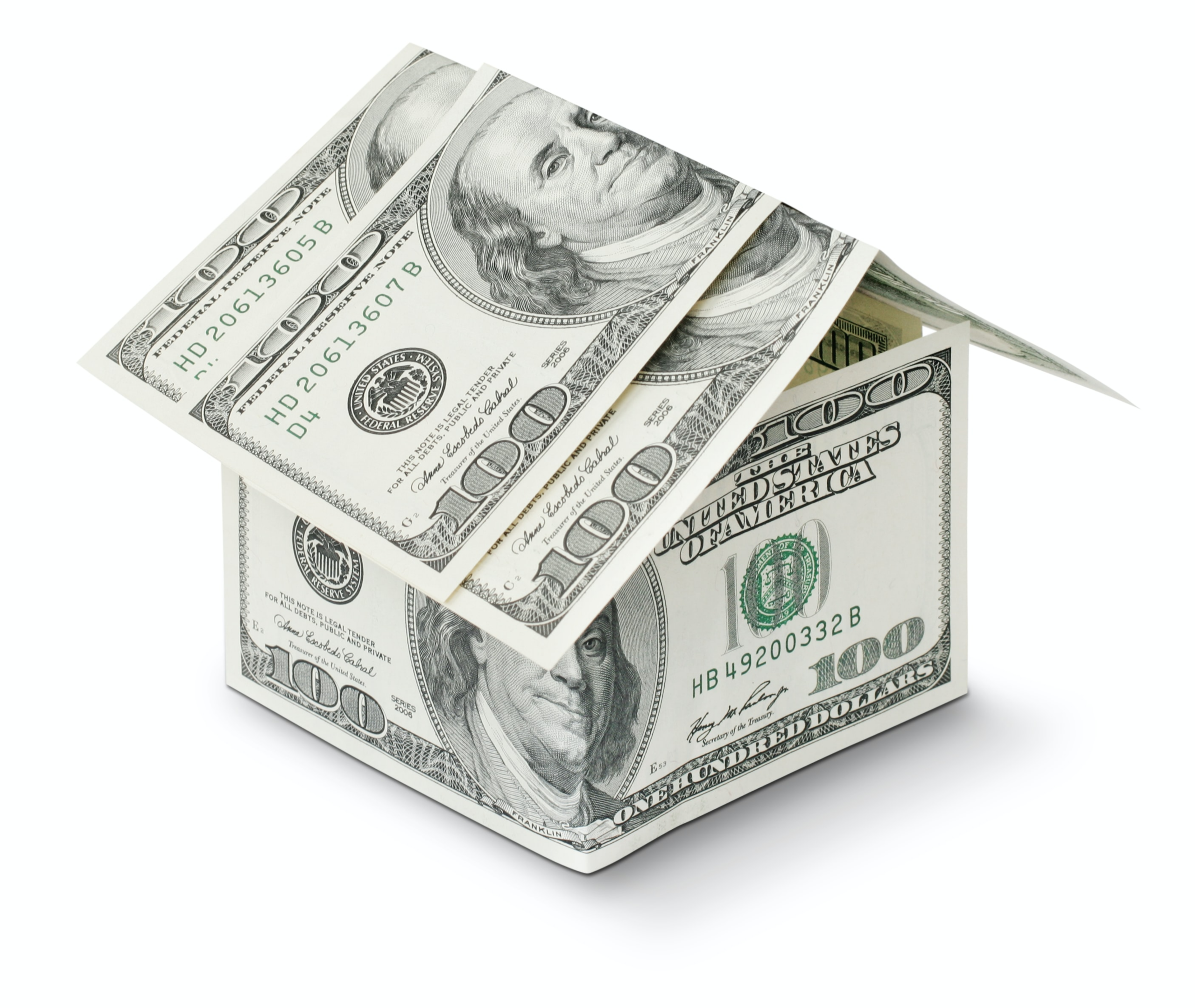 Paper home constructed with $100 bills